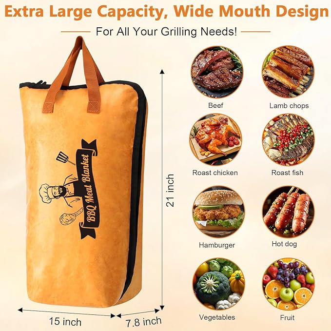 BBQ Blanket for Resting Meat, Insulated Bag with Wide Mouth for Brisket, Pork Shoulder, Turkey, Suitable for Smoker, Kitchen, Camping, Picnic, Birthday Gift for Men Dad Husband (21 inch)