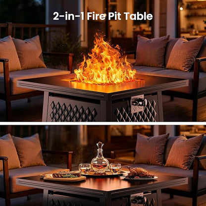 Ciays 32 Inch Propane Fire Pits,50,000 BTU Gas Fire Pit Table for Outsides with Steel Lid and Lava Rock, 2-in-1 Square Fire Table for Gatherings Parties on Patio Deck Garden Backyard, Black