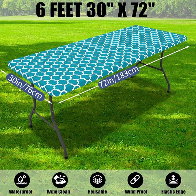 Smiry 2 Pack Rectangle Table Cloth 6 Foot, Waterproof Elastic Fitted Tablecloths, Windproof Washable Polyester Table Cover for Picnic, Camping, Outdoor (Teal, 30"x72")