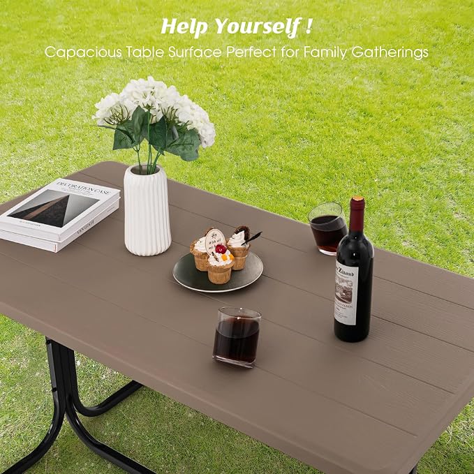 GYMAX Picnic Table, Picnic Bench Easy to Assemble w/All Weather Wood Grain Tabletop & Metal Frame, Picnic Tables for Outdoors Camping Backyard Deck Patio Poolside Dining Party