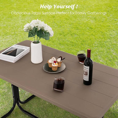 GYMAX Picnic Table, Picnic Bench Easy to Assemble w/All Weather Wood Grain Tabletop & Metal Frame, Picnic Tables for Outdoors Camping Backyard Deck Patio Poolside Dining Party