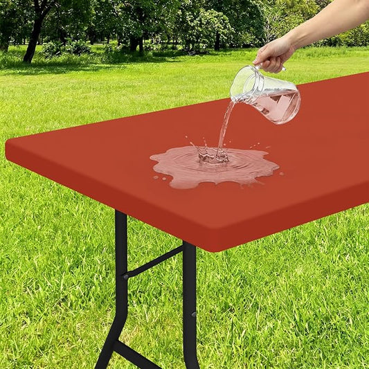 Smiry Rectangle Tablecloth, Elastic Fitted Flannel Backed Vinyl Tablecloths for 8ft Folding Tables, Waterproof Wipeable Table Covers for Indoor, Outdoor, Picnic and Camping (Rust, 30"x96")