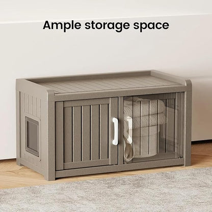 2 Doors Shoe Storage Bench with Cat Cabinet for Entryway, Hallway, Grey | 2 Hidden Side Doors Entryway Bench with Seat, Waterproof Resin Shoe Rack for Entryway, Bedroom, Living Room, Indoor/Outdoor