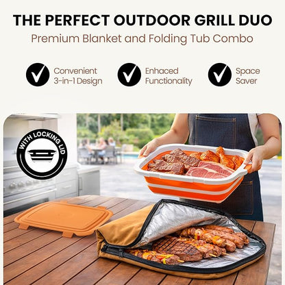 BBQ Prep Tub with BBQ Blanket, 16L Multifunctional Camping Cutting Board with Locking Lid, Reusable Meat Resting Bag for Smoking, Collapsible Dish Basin for Marinating Food (Large 16L)
