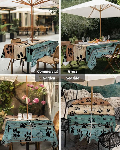 Dog Paw Print Outdoor Tablecloth - 52x70 Inch Rectangle Dining Table Cover, Rustic Teal Brown Beige Wooden Farmhouse Waterproof Outdoor Table Cloth with Umbrella Hole & Zipper for Picnic/Patio/Party