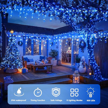 JMEXSUSS 400 LED 38.8 Ft Blue & White Icicle Christmas Lights for Outside | Connectable Icicle String Lights Plug in with Remote, 8 Modes Christmas Lights Indoor Outdoor for Party Christmas Eave Decor