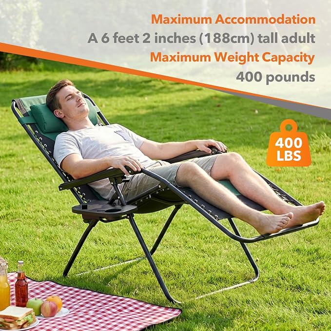 Sweetcrispy Zero Gravity Chairs, Foldable Patio Reclining Chairs with Adjustable Pillow & Cup Holder, Oversized Portable Support 400 lbs, for Backyard Camping, Black-Green