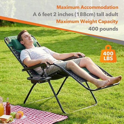 Sweetcrispy Zero Gravity Chairs, Foldable Patio Reclining Chairs with Adjustable Pillow & Cup Holder, Oversized Portable Support 400 lbs, for Backyard Camping, Black-Green