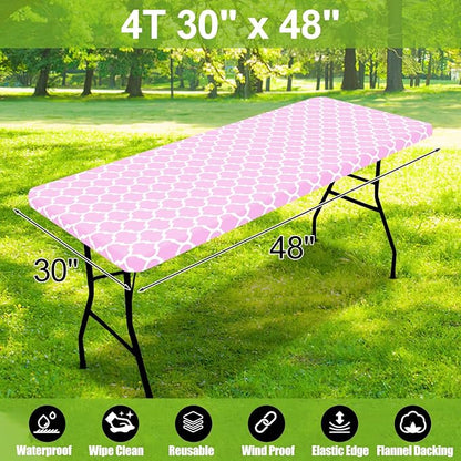 Smiry Picnic Fitted Table Cover, 4 Foot Flannel Backed Vinyl Tablecloth | Waterproof Elastic Stretch Table Cloth, Wipeable Plastic Tablecloth for Camping, Indoor & Outdoor (Pink, 30" x 48")