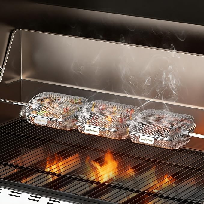 onlyfire Stainless Steel Grill Rotisserie Basket Kit, Great for Cooking Various Foods at the Same Time, Set of 3