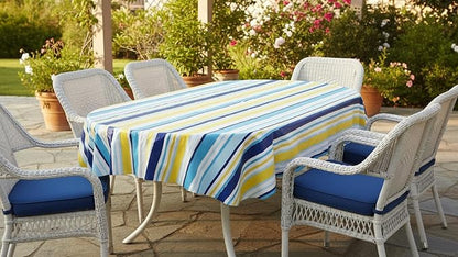 Newbridge Sun Wave Beach Stripe Flannel Back Vinyl Tablecloth - Navy, Yellow, White and Blue Wavy Striped Vinyl Indoor/Outdoor Waterproof, Patio, BBQ Tablecloth, 60 Inch x 84 Inch Oval