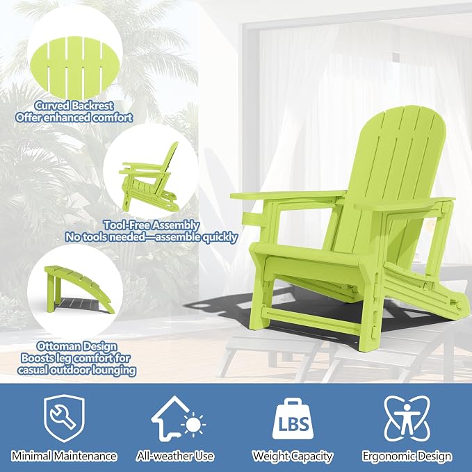 Shintenchi Adirondack Chair Set of 2,HDPE Adirondack Chairs with Umbrella Hole Connecting Tray & 2 Curved Ottoman,Plastic Outdoor Chairs with Cup Holders for Garden Backyard Pool,Green