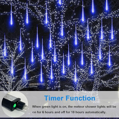Aluan Christmas Lights Outdoor Meteor Shower Rain Lights, 40cm/16inch 10 Tubes 360 LEDs Waterproof Falling Rain Hanging Light with UL Plug for Christmas Holiday Party Home Garden Tree Decor, Blue