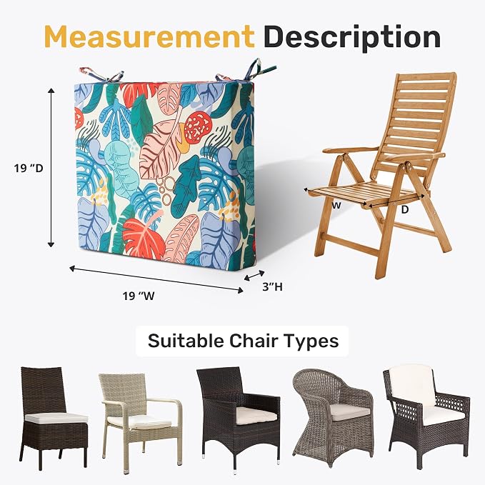 UNIKOME Outdoor Chair Cushions Pack of 4, Water Resistant Patio Cushions with Ties, High Density Sponge Filling Square Corner Seat Cushions for Outdoor Furniture, 19"*19"*3", Palm Tropical