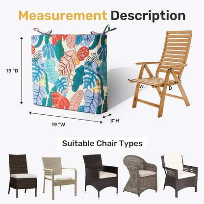 UNIKOME Outdoor Chair Cushions Pack of 4, Water Resistant Patio Cushions with Ties, High Density Sponge Filling Square Corner Seat Cushions for Outdoor Furniture, 19"*19"*3", Palm Tropical