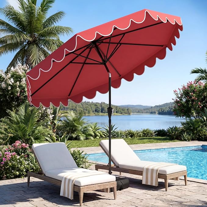 Tangkula 10 FT Patio Umbrella with Base Included, 2-Tiers Outdoor Scalloped Table Umbrella with 2 Sandbags, Tilt Adjustment, Crank, 8 Ribs for Market Backyard Pool Deck Beach Lawn
