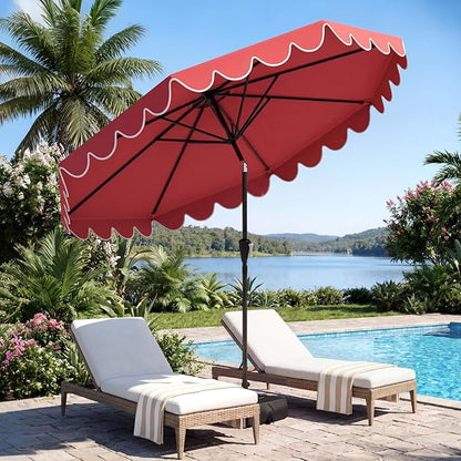 Tangkula 10 FT Patio Umbrella with Base Included, 2-Tiers Outdoor Scalloped Table Umbrella with 2 Sandbags, Tilt Adjustment, Crank, 8 Ribs for Market Backyard Pool Deck Beach Lawn
