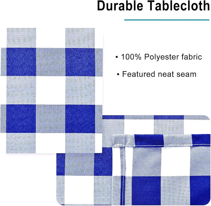 Hiasan Checkered Tablecloth Rectangle, 52 x 70 Inch - Waterproof and Wrinkle Resistant Table Cloth for Picnic, Dinner and Party, Washable Polyester Fabric, Royal Blue and White Gingham Pattern