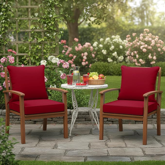 Summsun Outdoor Chair Cushions Set of 2, 22 x 22 Inch, Red | Double-Sided Water Resistant, Removable Cover, Back Pillow & Seat Cushion, Tie Straps, Fit for Patio, Garden, Sofa Couch