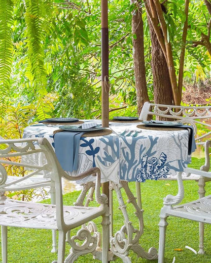 Blue Coastal Outdoor Tablecloth - 54 Inch Round Waterproof Dining Table Cover, Nautical Summer Beach Sea Turtle Coral Outdoor Table Cloth with Umbrella Hole & Zipper for Picnic/Patio/Party
