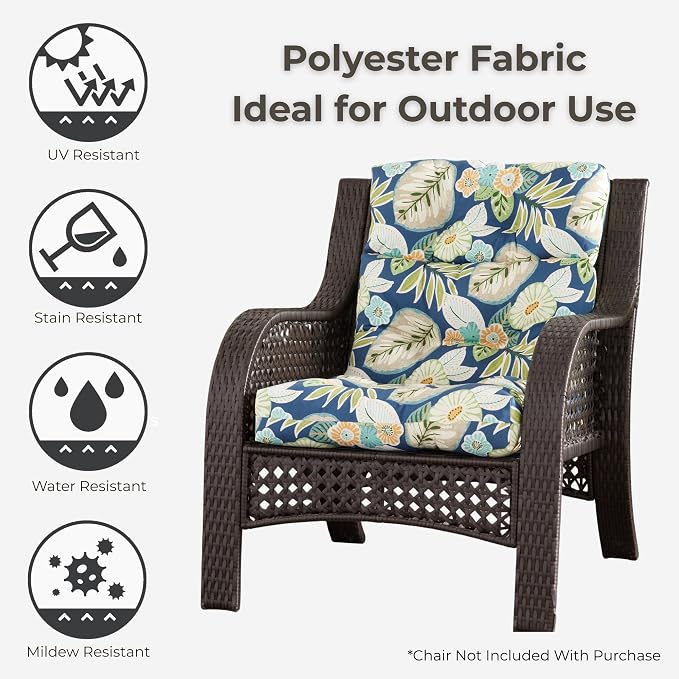 Outdoor Tufted High-Back Chair Cushions, One-Piece Hinged Seat and Back Design, Reversible with 4 Ties, Durable Polyester Fabric, Recycled Fiber Fill - Single, Marlow Blue Floral