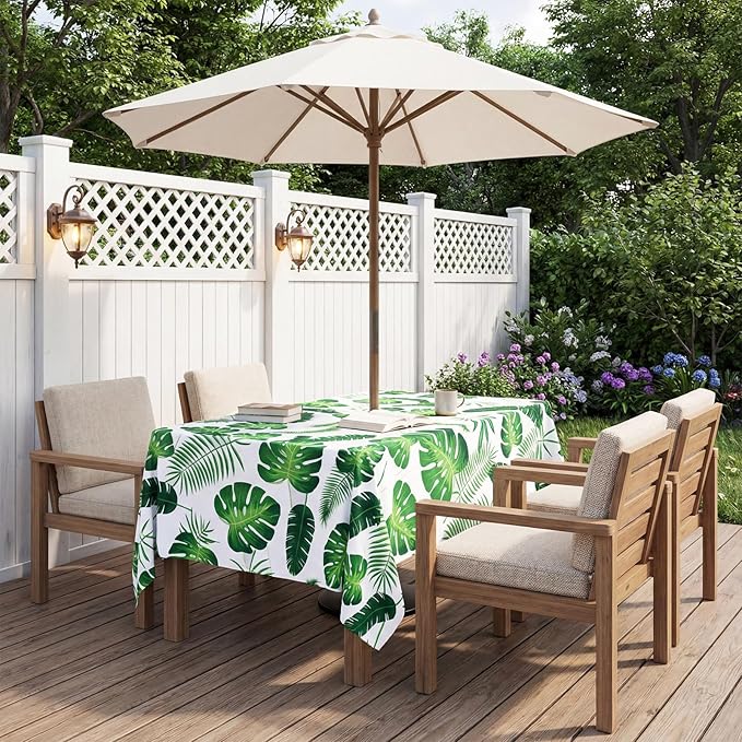 Poise3EHome 60X84 Outdoor/Indoor Waterproof Tropical Rectangle Tablecloth Green with Umbrella Hole Zipper for Camping Picnic Party Patio Table Spring, Palm Leaf