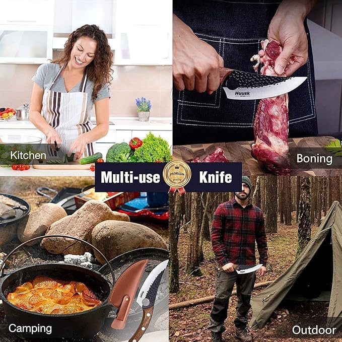 Huusk Viking Knives, Japanese Style Meat Cleaver Knives, Forged Boning Knife with Sheath, High Carbon Steel Chef Knives for Kitchen, Camping or BBQ Thanksgiving Christmas Gifts