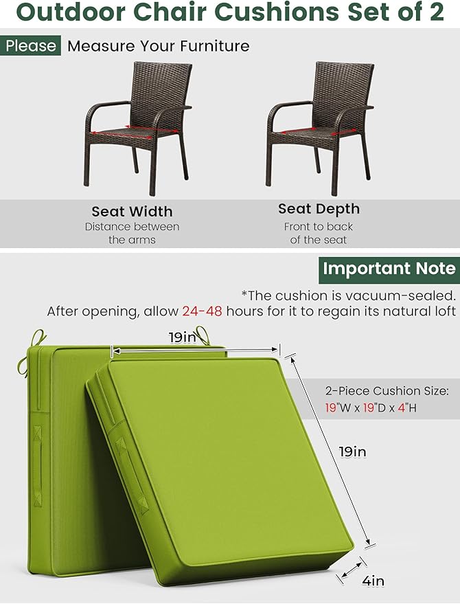 Outdoor Chair Cushion 19 x 19 x 4 Inches Patio Furniture Outdoor Waterproof Seat Cushion, Patio Chair Cushion with Handles and Ties, Square Dining Chair Cushion Set of 4, Grass Green