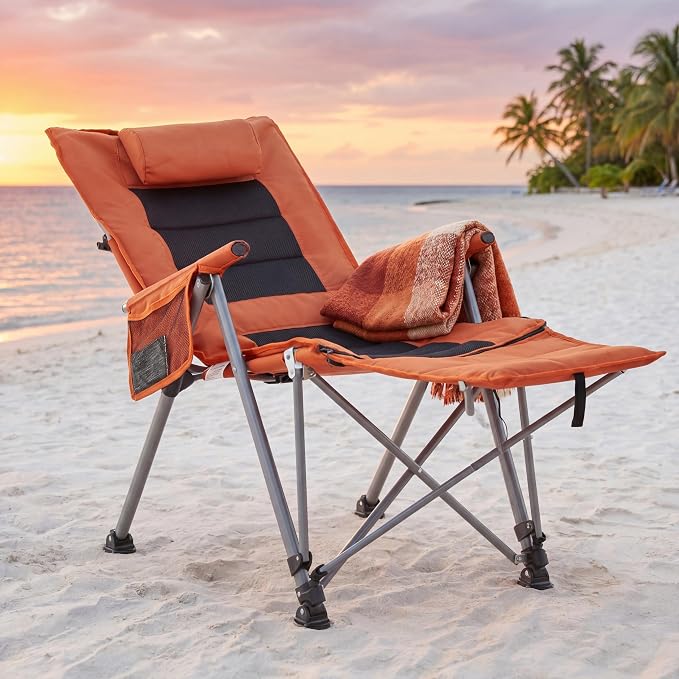 Adjustable Folding Beach Chair, Portable Camping Chair for Adults with Footrest, Reclining Outdoor Chair with Cup Holder & Pocket, Foldable Low Beach Chair for Camping, Picnic, Travel, Orange