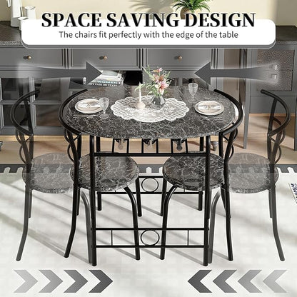 VECELO 3-Piece Dining Table Set for Kitchen Breakfast Nook, Wood Grain Oval Tabletop and Metal Frame with Built-in Wine Rack, for Small Spaces, Faux Marble Black