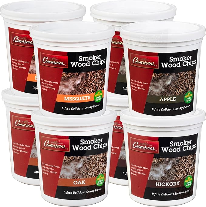 Camerons All Natural Extra Fine Cut BBQ Wood Chips - 2 Alder, 2 Cherry, 2 Oak, 2 Hickory (8 Pints, 0.473L ea)- Sawdust Shavings for Smoking Guns, Smokers, Smoke Boxes, Grill- Barbecue Variety Gift Set