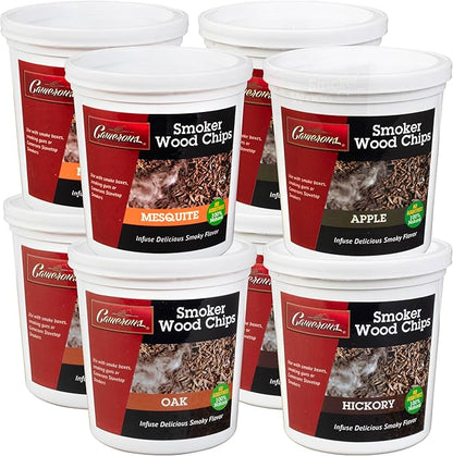 Camerons All Natural Extra Fine Cut BBQ Wood Chips - 2 Alder, 2 Cherry, 2 Oak, 2 Hickory (8 Pints, 0.473L ea)- Sawdust Shavings for Smoking Guns, Smokers, Smoke Boxes, Grill- Barbecue Variety Gift Set