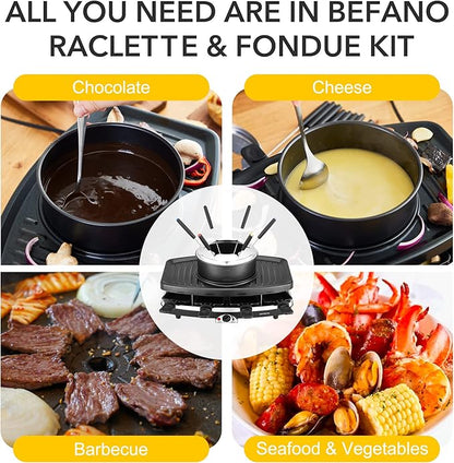 Electric Raclette BBQ Grill with Fondue Pot Sets, Portable Korean Table Grill Electric Indoor Cheese Raclette, Dual Adjustable Thermostats, 8 People Serve Perfect for Parties and Family Fun