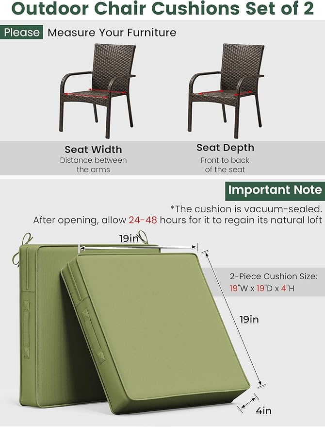 Outdoor Chair Cushion 19 x 19 x 4 Inches Patio Furniture Outdoor Waterproof Seat Cushion, Patio Chair Cushion with Handles and Ties, Square Dining Chair Cushion Set of 4, Light Green