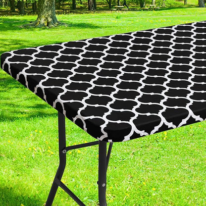 Smiry Picnic Fitted Table Cover, 8 Foot Flannel Backed Vinyl Tablecloth | Waterproof Elastic Stretch Table Cloth, Wipeable Plastic Tablecloth for Camping, Indoor & Outdoor (Black, 30" x 96")
