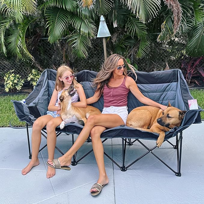 Huskfirm 3 Person Camping Chairs Folding Double Camp Chair for Adults Black | Oversized Loveseat Camping Chair Padded Heavy Duty Camping Couch for Outdoor Lawn with Two Cup Holders and Carry Bag