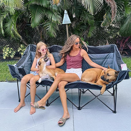 Huskfirm 3 Person Camping Chairs Folding Double Camp Chair for Adults Black | Oversized Loveseat Camping Chair Padded Heavy Duty Camping Couch for Outdoor Lawn with Two Cup Holders and Carry Bag