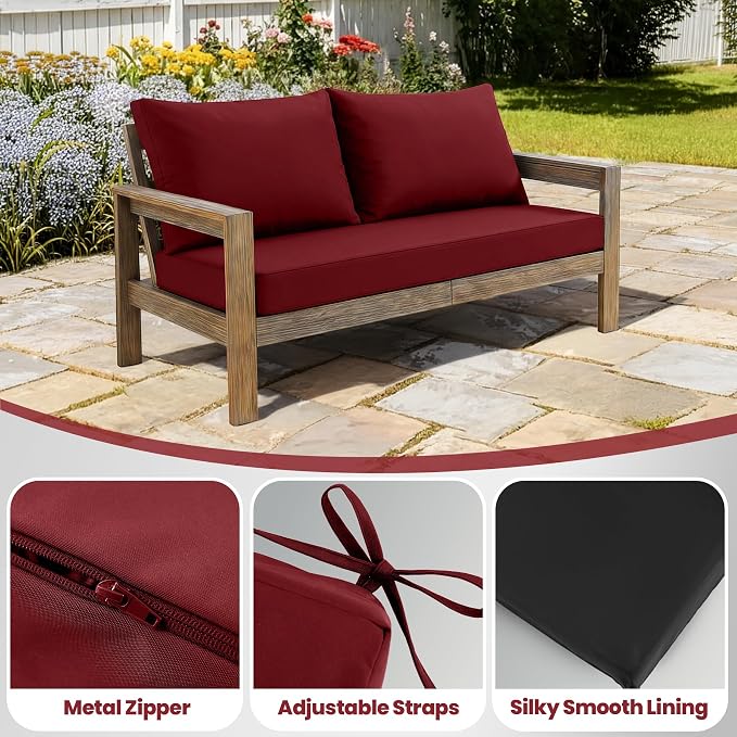 Outdoor Loveseat Cushion Set, 48" x 24", Loveseat Cushions for Outdoor Furniture, Waterproof & Fade-Resistant Patio Furniture Cushions, for Bench, Swing, and Couch, Burgundy