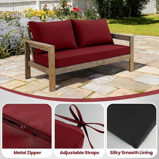 Outdoor Loveseat Cushion Set, 46" x 26", Loveseat Cushions for Outdoor Furniture, Waterproof & Fade-Resistant Patio Furniture Cushions, for Bench, Swing, and Couch, Burgundy