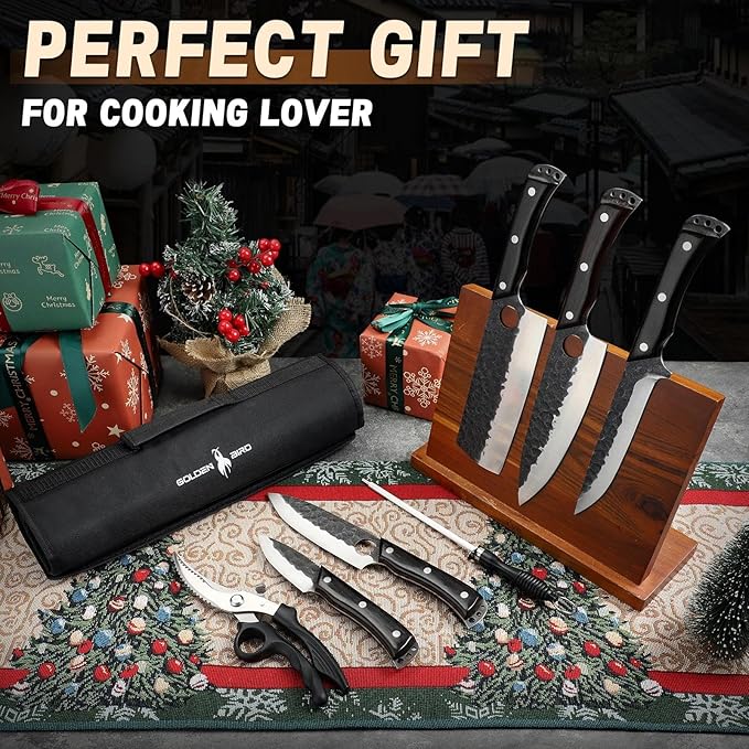 Golden Bird Japanese Chef Knife Set with Roll Bag, Hand Forged Butcher Knife Set for Meat Cutting, Outdoor BBQ Knives for Men, Christmas Gifts for Men Women