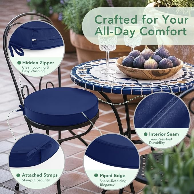 Summsun Outdoor Bistro Chair Cushions Set of 4, 15" D x 3" H Round Chair Cushions Waterproof and Fade Resistant Chair Cushion Pads with Non-Slip Ties and Removable Covers for Garden, Navy Blue