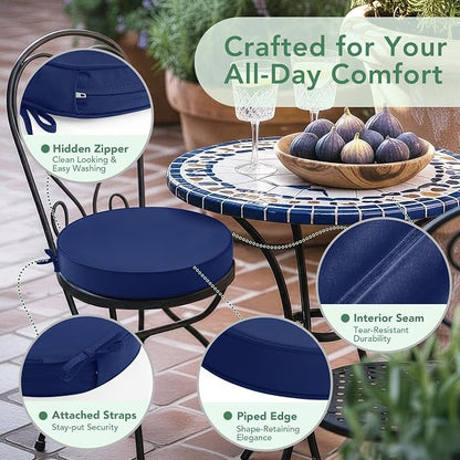 Summsun Outdoor Bistro Chair Cushions Set of 4, 15" D x 3" H Round Chair Cushions Waterproof and Fade Resistant Chair Cushion Pads with Non-Slip Ties and Removable Covers for Garden, Navy Blue
