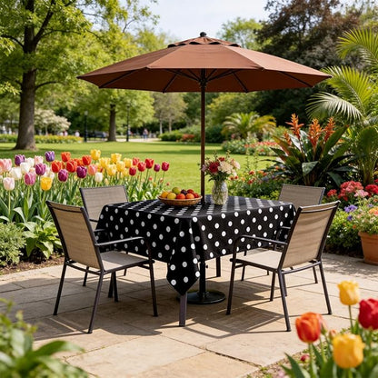 Poise3EHome Rectangle Outdoor Tablecloth with Umbrella Hole and Zipper,Black Dot 70x52 Inch,Polyester SpillProof Washable Table Cloth for Spring Summer Patio Garden Poolside Picnic Camping BBQS