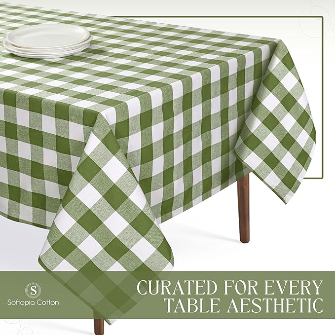 Mint Green and White Buffalo Check Tablecloth, 52x70 Inches, Plaid Table Cover, 100% Cotton, Washable, Reusable Farmhouse Tablecloth for Holidays, Parties, Weddings, Everyday Use