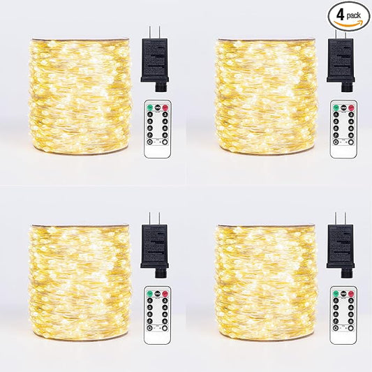 Fairy Lights Plug in,4Pack 100FT 300LEDs Waterproof Led String Lights,8Modes Remote Twinkle Light for Outdoor Indoor Christmas Wedding Birthday Garden Party Decorations,Silver Wire,Warm White