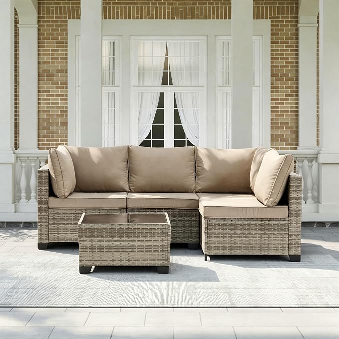 MOCHITO 5 Pieces Outdoor Patio Furniture Sets, All-Weather Sectional Sofa Grey PE Rattan Wicker Conversation Set with Glass Table and Washable Khaki Cushions for Backyard,Sunroom,Garden,Porch