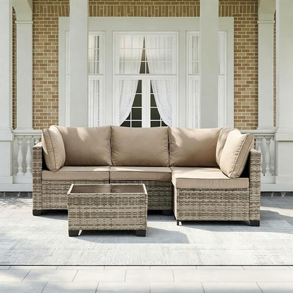 MOCHITO 5 Pieces Outdoor Patio Furniture Sets, All-Weather Sectional Sofa Grey PE Rattan Wicker Conversation Set with Glass Table and Washable Khaki Cushions for Backyard,Sunroom,Garden,Porch