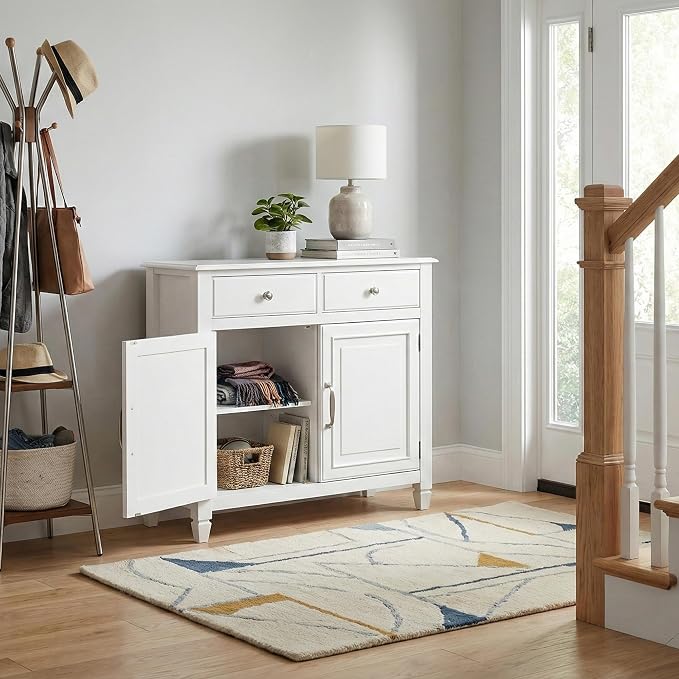 SIMPLIHOME Connaught 40" Wide Solid Wood Storage Cabinet in White | Traditional slim entryway and living room organizer for hats, gloves, shoes and keys with space-saving storage design.