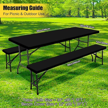 Smiry Picnic Table Cover with Bench Covers, Waterproof Elastic Fitted Polyester Tablecloths for 8 Ft Rectangle Tables, Washable Windproof Tablecloth for Camping, RV & Outdoor (Black, 30x96 Inches)