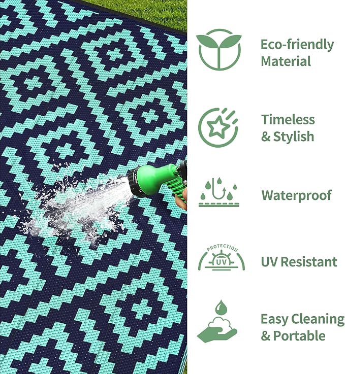GENIMO Outdoor Rug, Waterproof Plastic Rugs for Patio, 6'x9' Blue Green | Outside Larger Modern Carpet Mat for Porch Decor, Deck, Balcony, Camping, RV, Backyard, Picnic, Beach, Reversible, Foldable